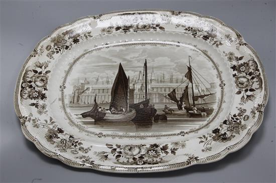 A Herculaneum brown transfer printed meat dish New Baths, George Parade Liverpool